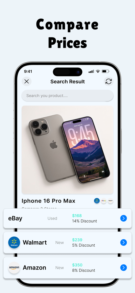 ClarityCheck - Deep Search AI - Interface of ClarityCheck app showing a price comparison for an iPhone 16 Pro Max across eBay Walmart and Amazon
