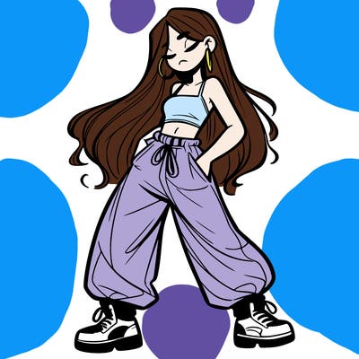 girl in baggy pants crop top and long hair