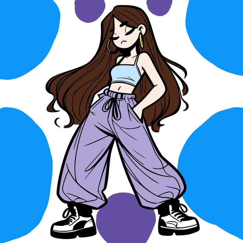 girl in baggy pants crop top and long hair