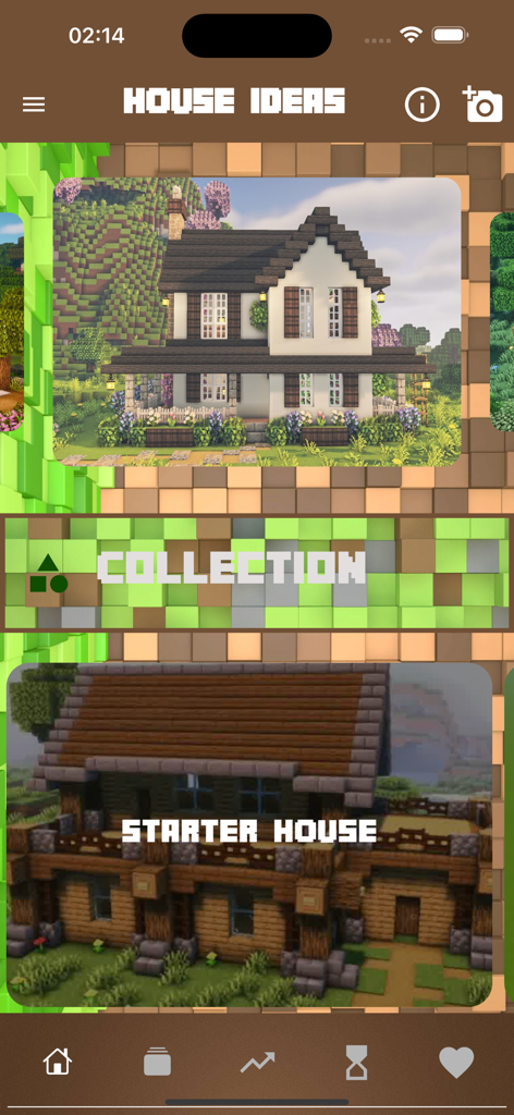 Modern Building : House Ideas - Screenshot of the Modern Building app interface showing Minecraft house ideas and categories like Starter House