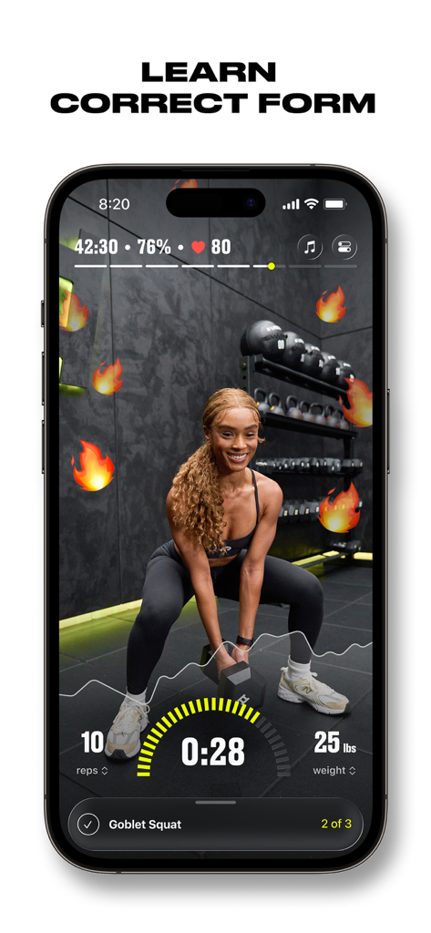 Ladder app showing a woman demonstrating a goblet squat with weight and rep tracking