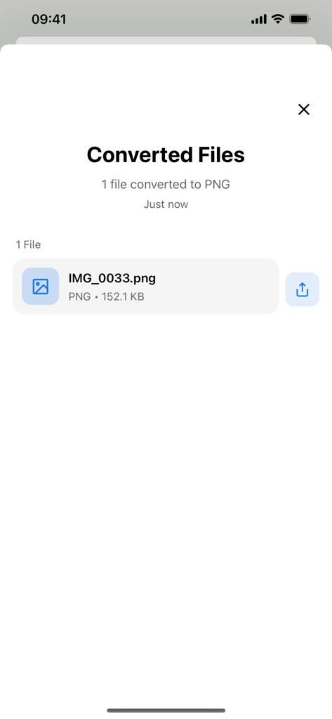 Image Format Converter - Imogo - Imogo app interface showing a successfully converted PNG image file ready for export