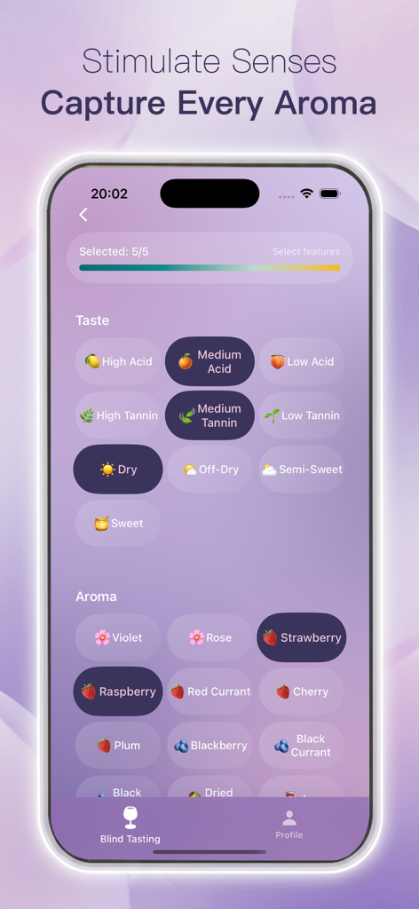 Mobile Benutzeroberfläche zur Erfassung von Wein-Geschmacks- und Aromenotizen.