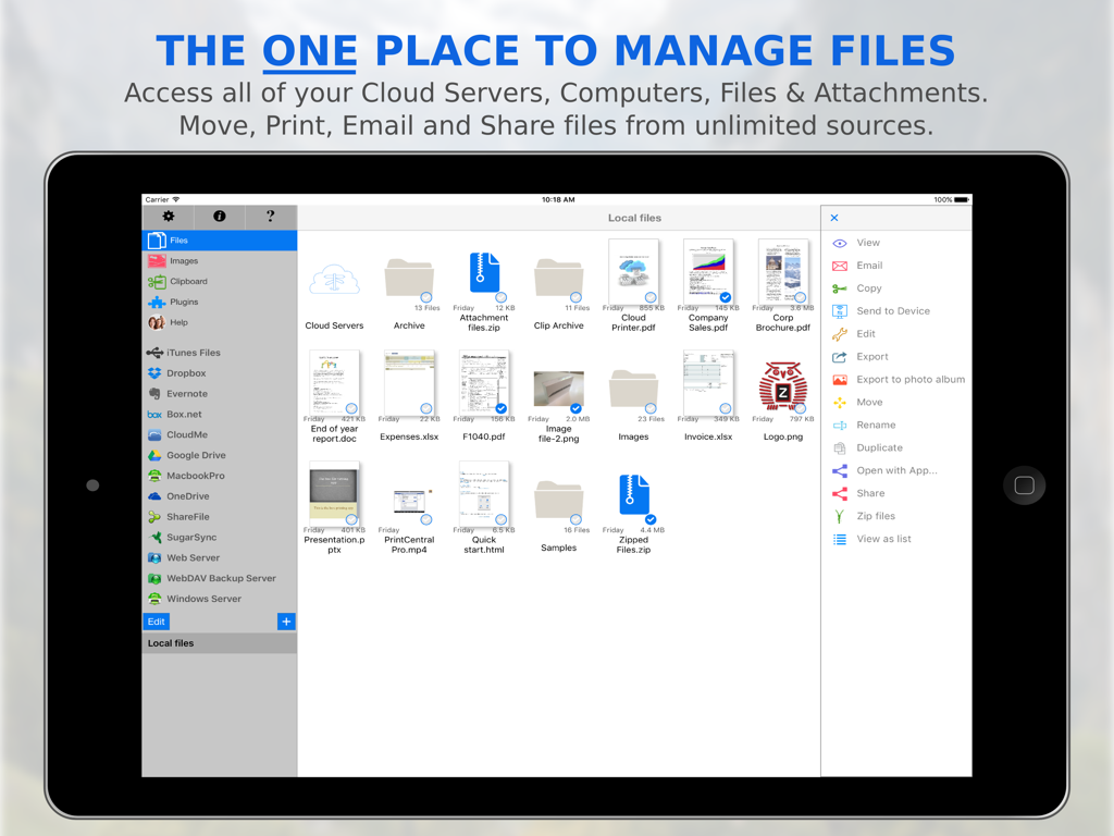 FileCentral app interface on iPad showing local and cloud file management options