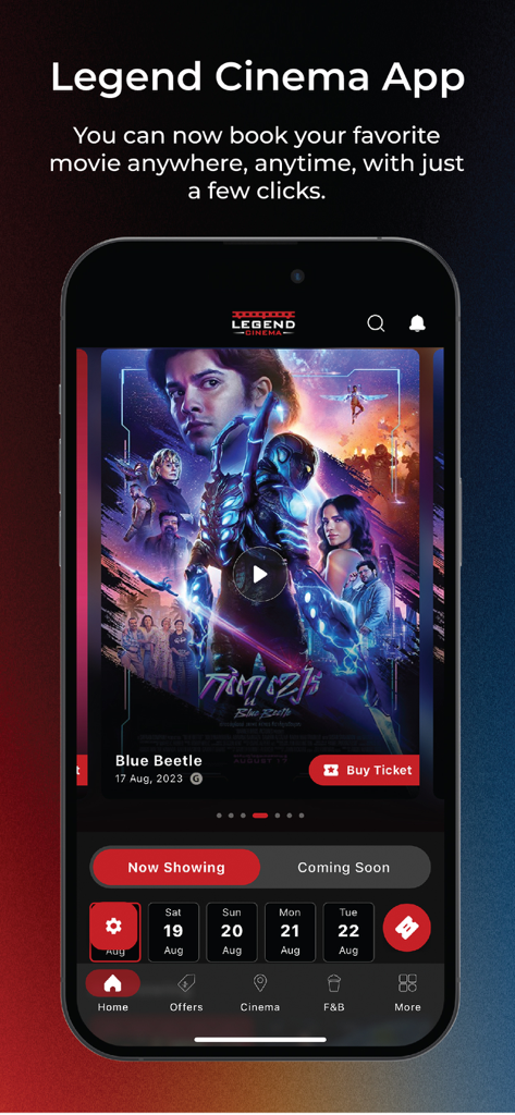 Legend Cinema - Legend Cinema app interface on a smartphone showing a movie poster and ticket booking options