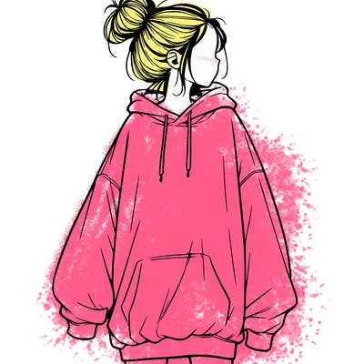 realistic girl with a oversized sweatshirt on and a bun