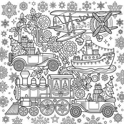 Embark on a unique holiday coloring journey with this intricately designed adult page, blending classic vehicles with festive Christmas cheer. Discover vintage cars, planes, and trains adorned with seasonal decorations, all set within a wondrous, gear-filled wonderland.