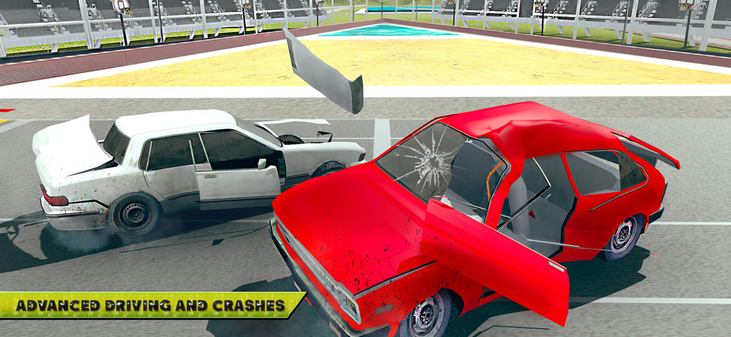 A red car and a white car colliding with realistic damage in a 3D driving simulator