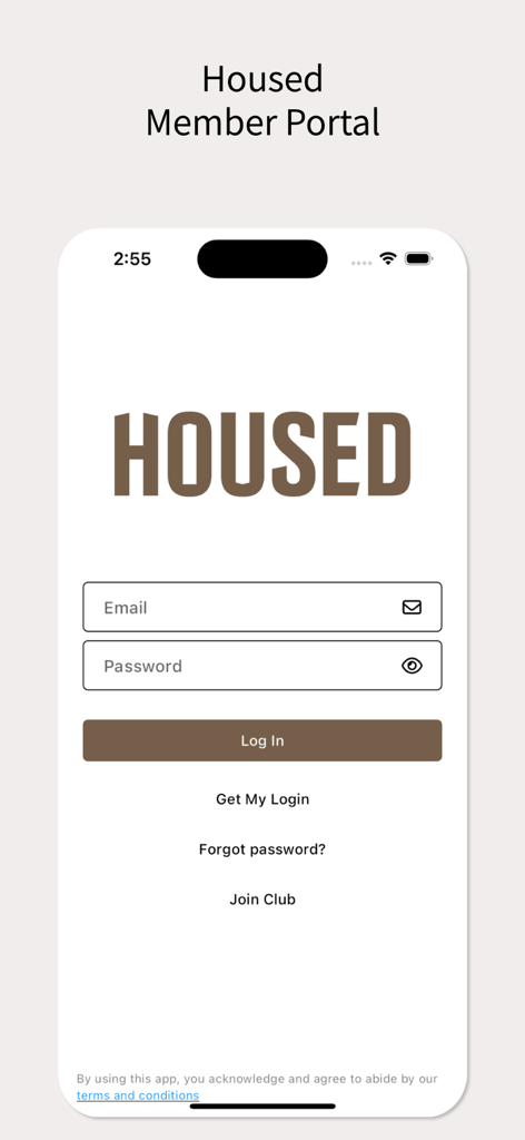 Housed - Pantalla de inicio de sesión del portal de miembros de Housed con campos de correo electrónico y contraseña para miembros del gimnasio