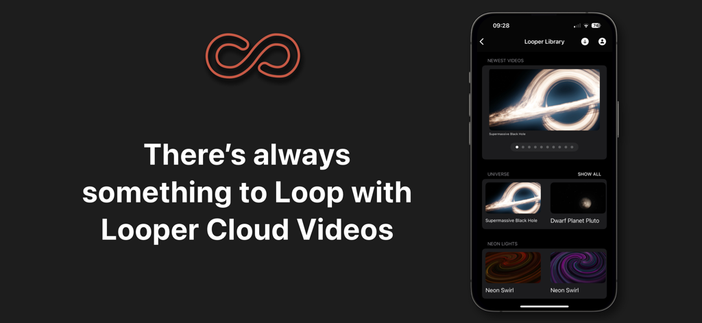 Looper - Interfaz de la aplicación Looper mostrando las categorías de la biblioteca de vídeo en la nube en un iPhone