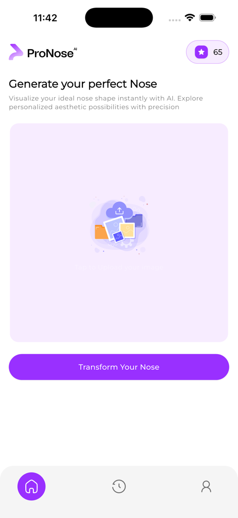 Main interface of the ProNose AI app featuring a photo upload section and a button to transform your nose for surgery simulation.