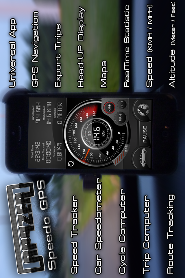 Speedo GPS Speed Tracker, Car Speedometer, Cycle Computer, Trip Computer, Route Tracking, HUD - Speedo GPS digital speedometer and trip computer app interface showing real-time statistics and HUD features