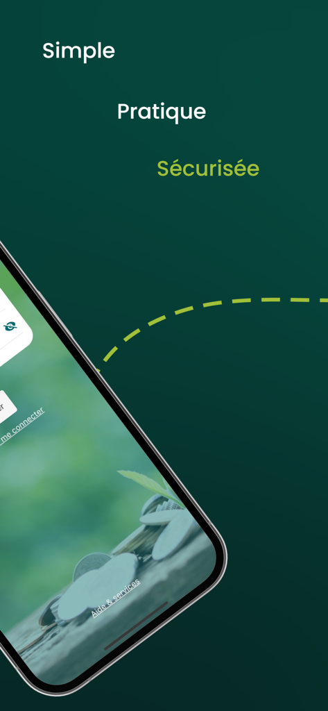 Groupama Epargne Salariale - Écran d'accueil de l'application mobile Groupama Épargne Salariale avec les mots Simple Pratique et Sécurisée sur fond vert
