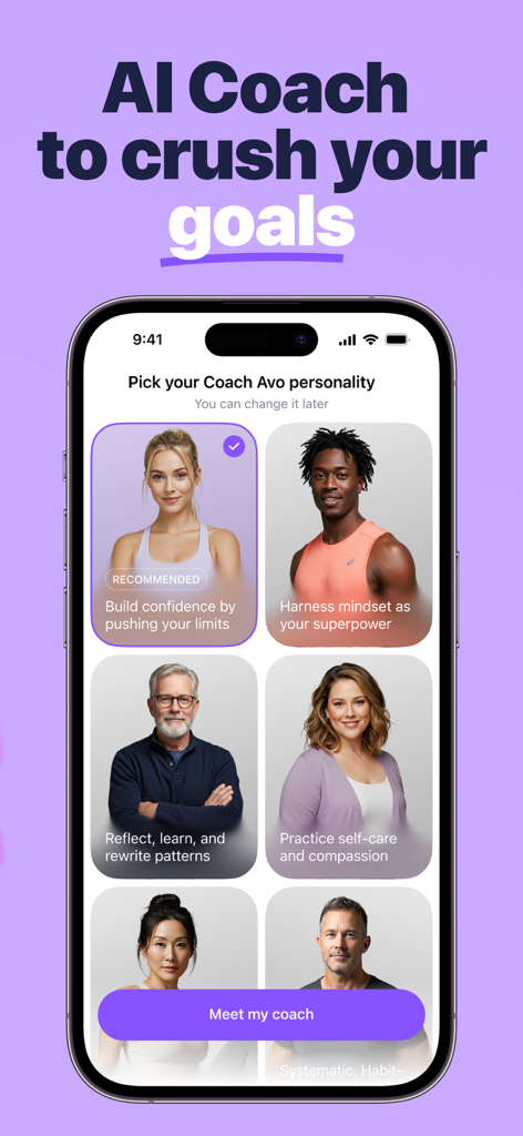 Simple: AI Weight Loss Coach - Interface of Simple app showing different AI coach personalities to choose from for personalized weight loss guidance