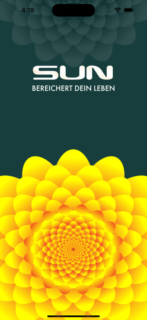 SUN APP (REWARDS) - SUN APP splash screen featuring a vibrant yellow floral sun pattern and brand logo