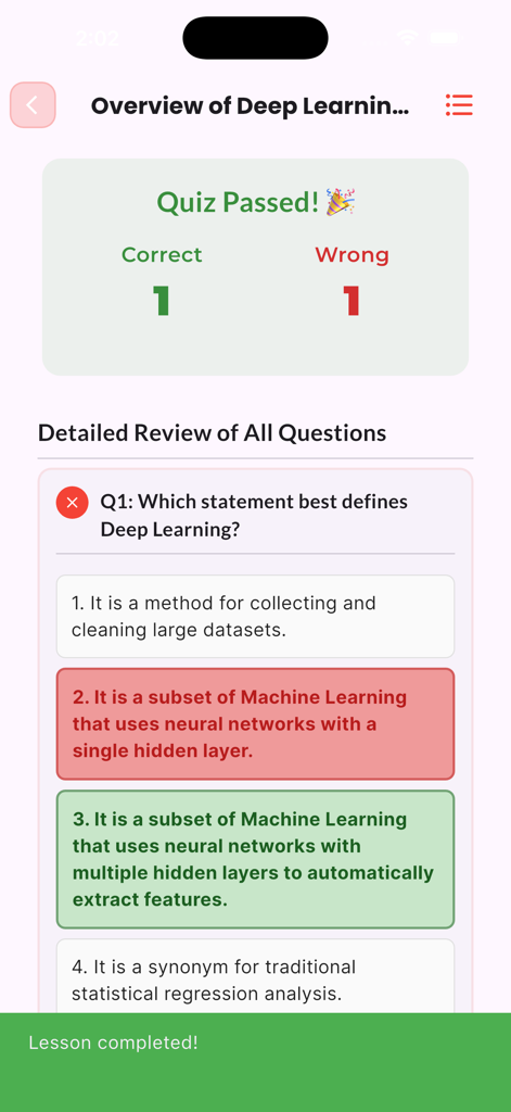Learn PyTorch Tutorials - PyTorchチュートリアルアプリでのクイズ結果と詳細な質問レビュー。