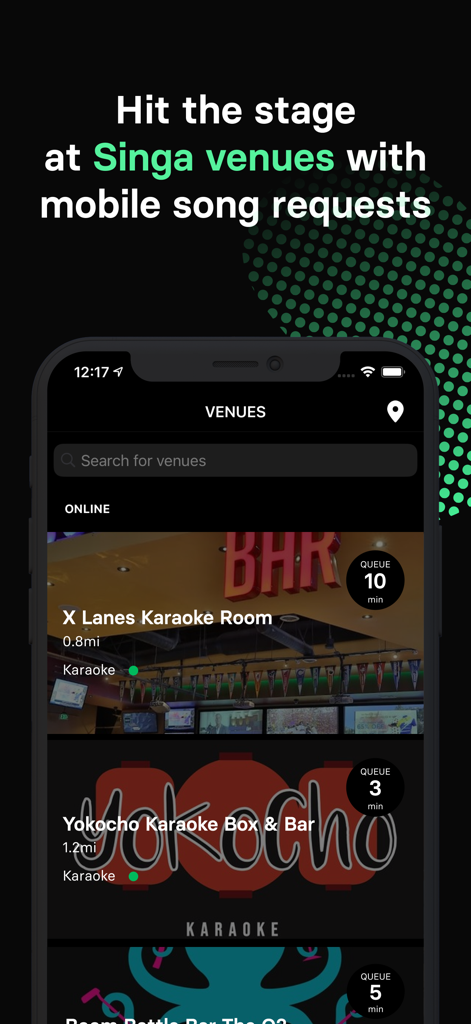 Singa: Sing Karaoke & Lyrics - 대기 시간과 거리가 표시된 근처 노래방 장소 목록을 표시하는 Singa 앱 화면