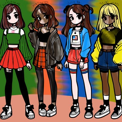 one girl with crop-top shirt and a jacket with a skirt, long socks and another girl with a shirt and pants with a jacket