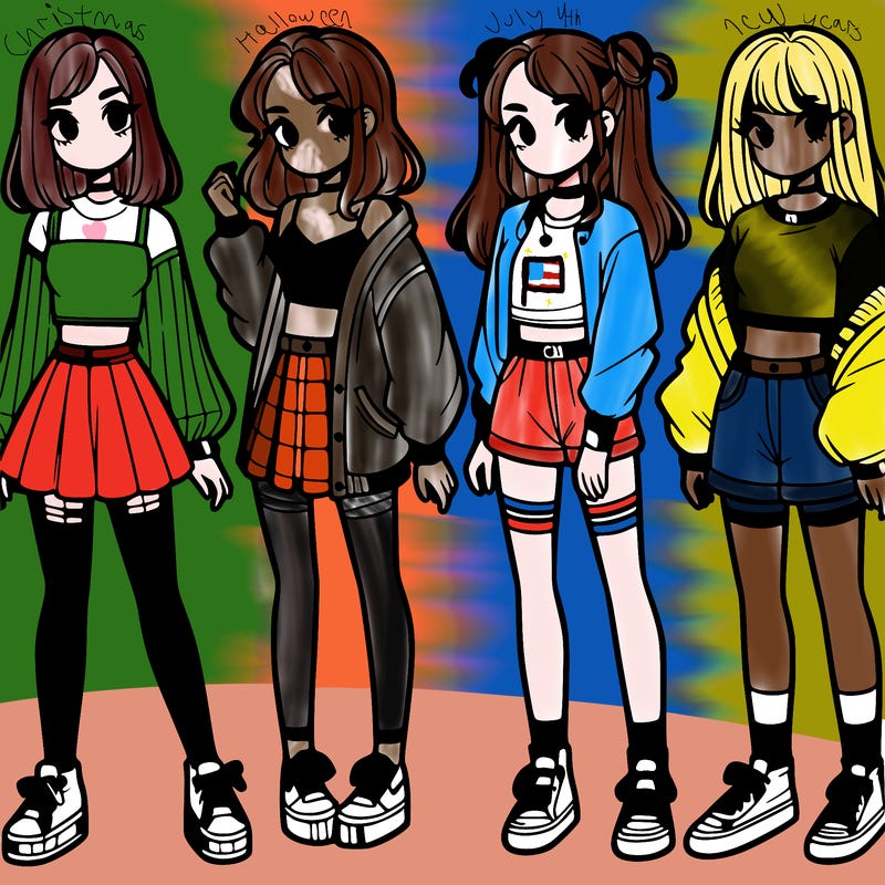 one girl with crop-top shirt and a jacket with a skirt, long socks and another girl with a shirt and pants with a jacket