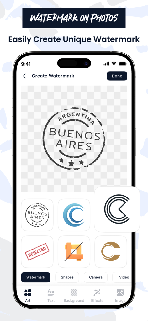 Add Watermark on Photos - Smartphone screen showing the creation of a custom logo watermark and various stamp templates.