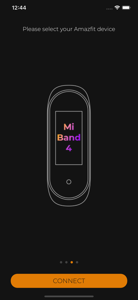 AmazFaces App-Bildschirm zur Auswahl und Verbindung eines Mi Band 4 Fitness-Trackers