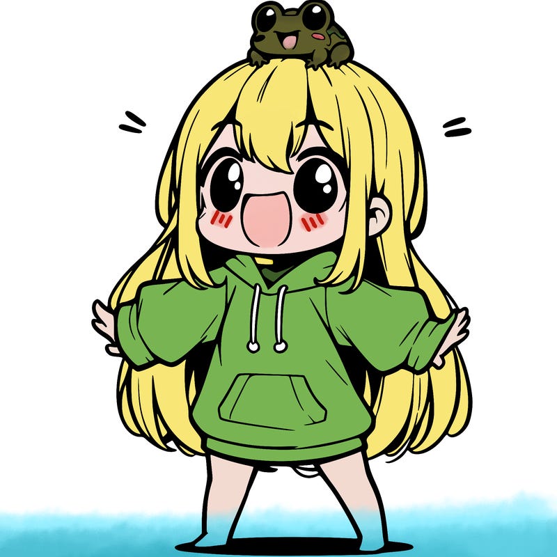 a excited chibi girl whith long hair and a baggy shirt whith a frog on there head