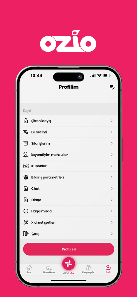 Ozio | Market. Cashback card. - User profile screen of the Ozio app showing account settings, orders, and coupons.