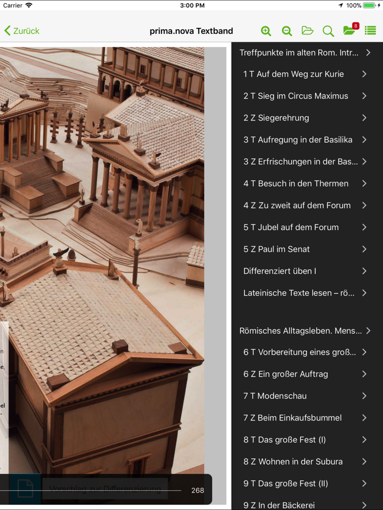 click & teach - 고대 로마 3D 모델과 수업 탐색 메뉴가 있는 디지털 라틴어 교과서를 보여주는 click and teach 앱 인터페이스.