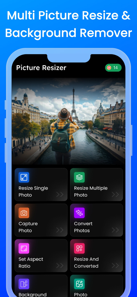 Picture Size Resizer - Haupt-Dashboard der Bildgrößen-Änderer-App mit Funktionen für die Stapelgrößenänderung und Hintergrundentfernung