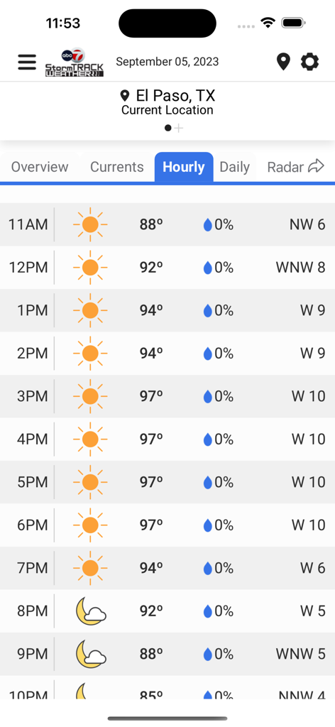 ABC-7 KVIA Weather & Traffic - Hourly weather forecast for El Paso Texas displayed in the ABC 7 KVIA app