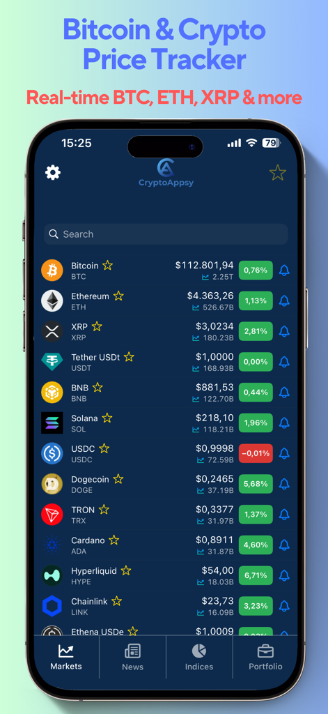 CryptoAppsy: BTC, Coin Tracker - CryptoAppsy mobile interface displaying real time cryptocurrency market prices