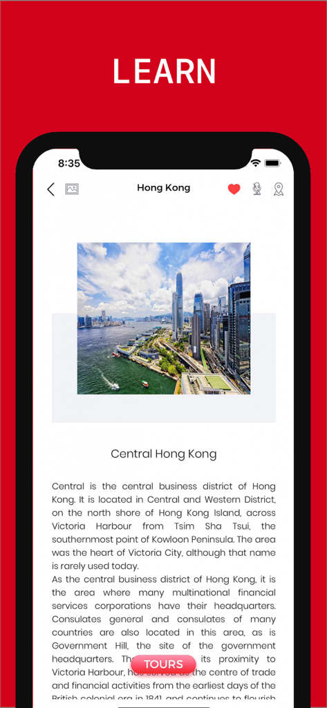 Hong Kong Travel Guide .. - 스카이라인 사진과 함께 센트럴 지역에 대한 세부 정보가 표시된 홍콩 여행 가이드 앱 인터페이스