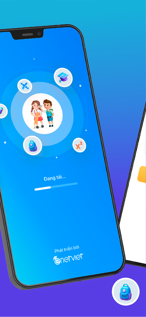 eNetViet Học sinh - Loading screen of eNetViet Hoc sinh app featuring cartoon students and school icons like a graduation cap and backpack