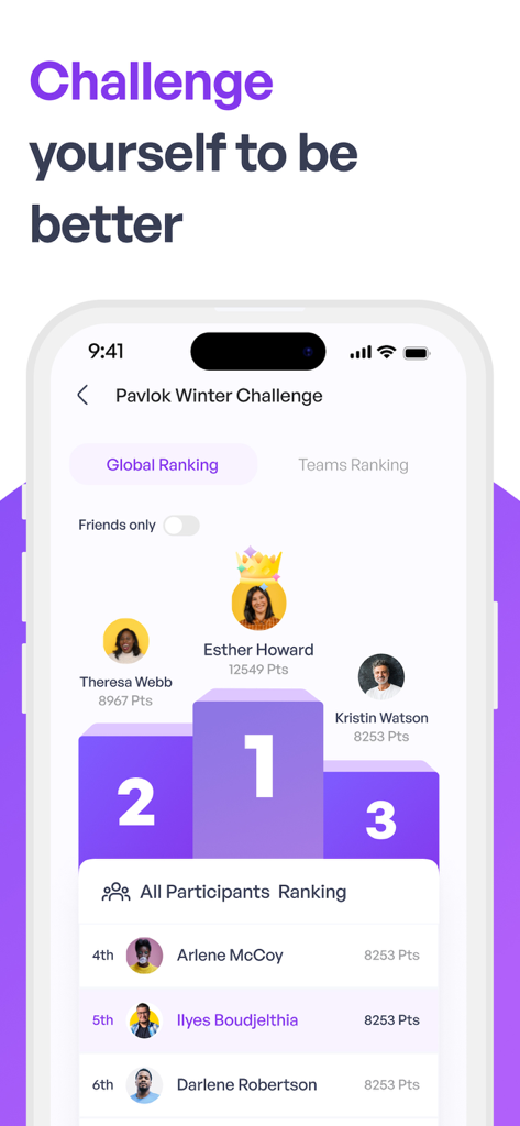 Pavlok - Pavlok app screenshot showing a winter challenge leaderboard with user rankings and points on a purple podium.