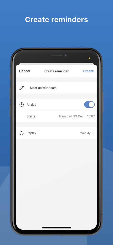 Lenza - A mobile interface for creating a business meeting reminder with options for time and weekly repetition in the Lenza app