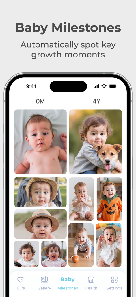 Lollipop - Smart baby monitor - Interfaz de la aplicación del monitor de bebés Lollipop que muestra la galería de fotos de Hitos del Bebé con momentos de crecimiento desde el nacimiento hasta los cuatro años