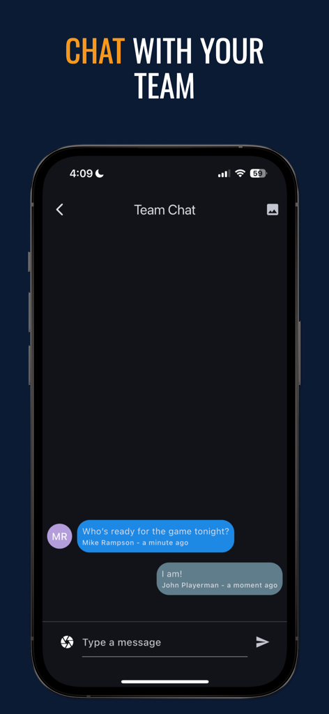 RAMP Team App Mobile-Oberfläche, die den Gruppenchat-Bildschirm für die Kommunikation im Sportteam anzeigt