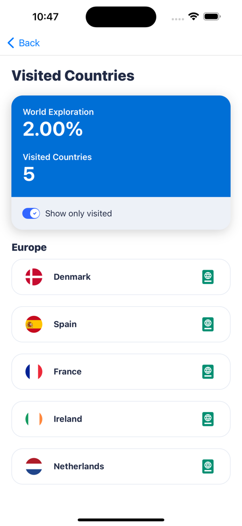 MyFlight.life - A mobile app screen showing a list of visited countries and travel statistics