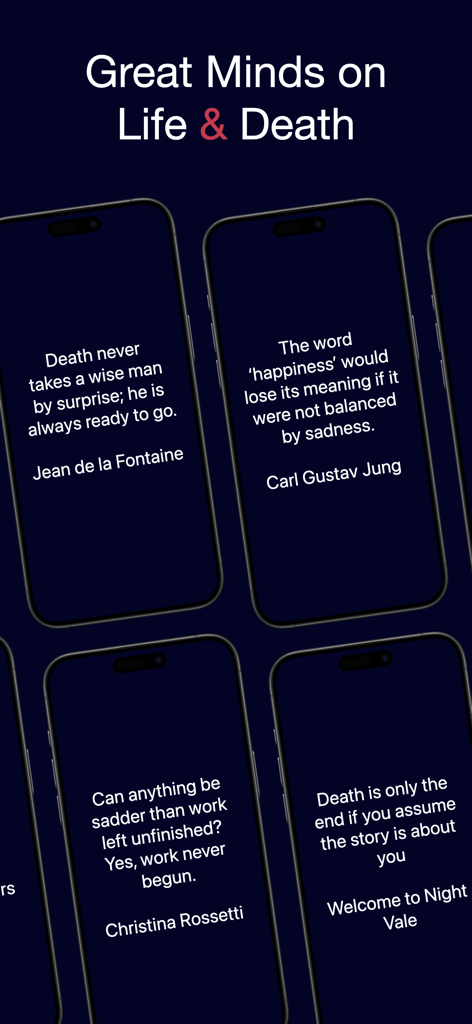 WeCroak - Smartphone screens from the WeCroak app displaying philosophical quotes on life and death.