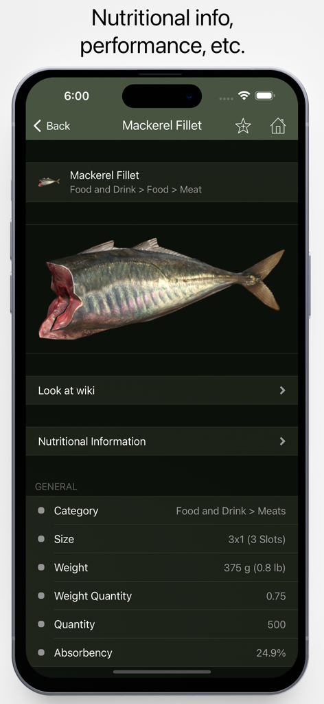 Pocket Wiki for DayZ - Mobile screen showing detailed stats and nutritional information for a Mackerel Fillet in the Pocket Wiki for DayZ app