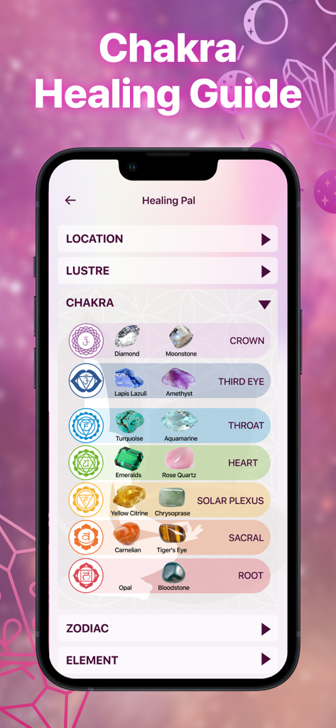 A smartphone screen displaying the Healing Pal app Chakra Healing Guide with various gemstones assigned to the seven chakras