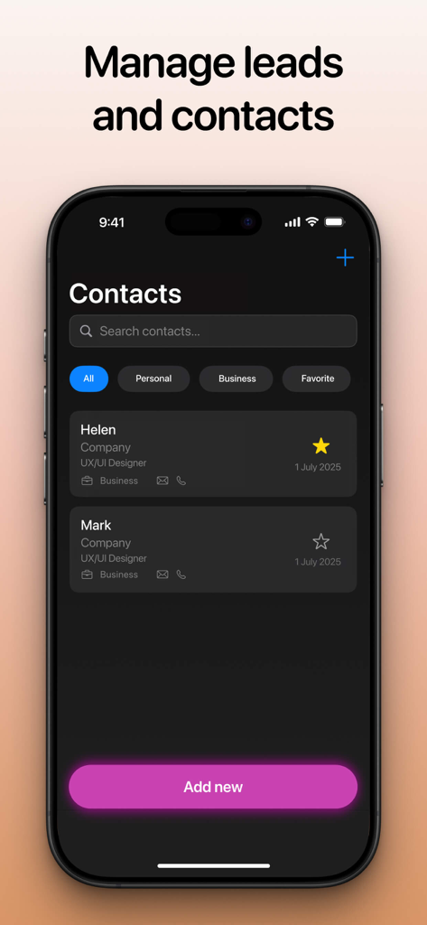 Digital Business Card Makerㅤㅤ - Uma tela de aplicativo móvel exibindo uma lista de contatos e leads profissionais de negócios categorizados por tipo.