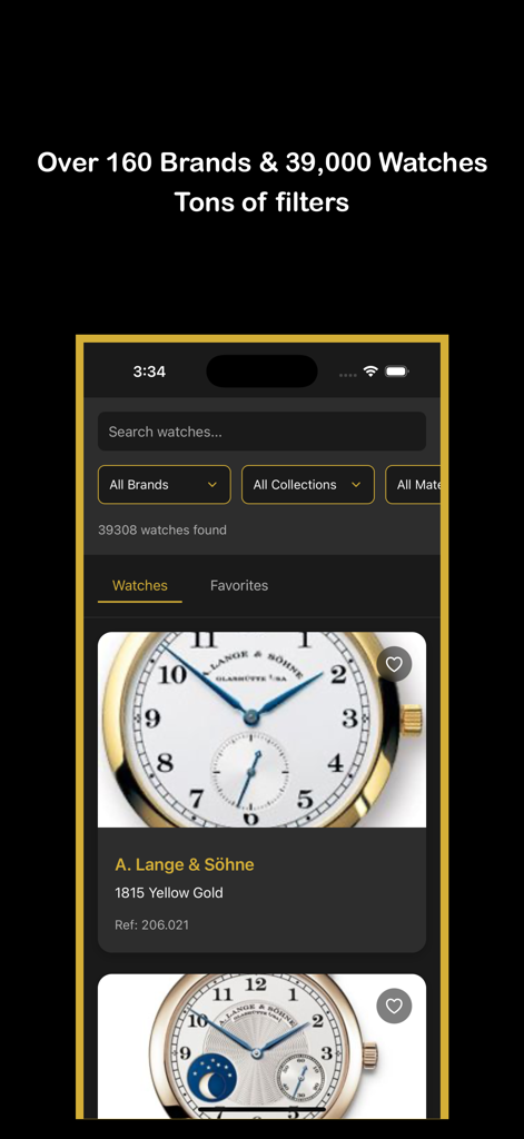 Horology - Watch Database - Horology app search screen showing luxury watch listings and brand filters