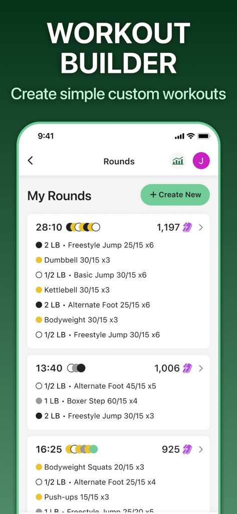 Jump Rope Training | Crossrope - Crossrope App-Oberfläche, die die Workout-Builder-Funktion zur Erstellung benutzerdefinierter Trainingsrunden zeigt