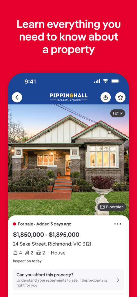 Mobile app screen showing a property listing in Richmond VIC with price range and house features
