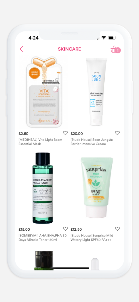 LIKESKIN - LIKESKIN app interface displaying a curated selection of K-beauty and J-beauty skincare products including masks and toners with their prices.