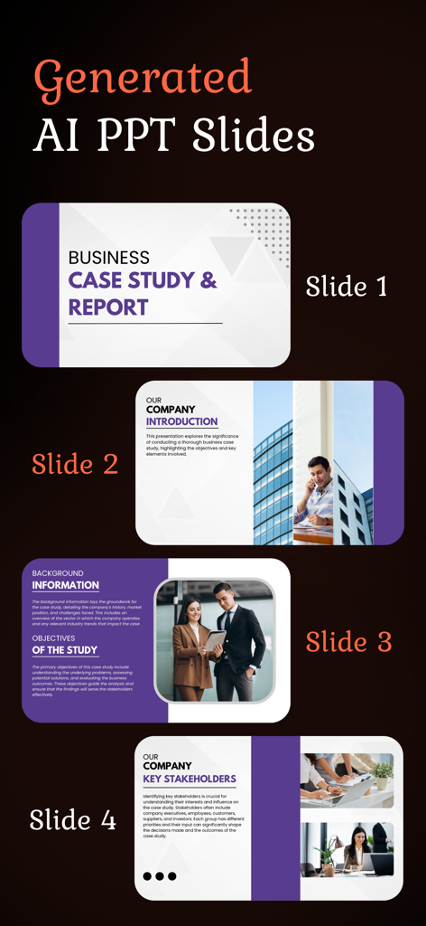 Ai PPT Maker App : PPT Editor - Una vista previa de cuatro diapositivas generadas por IA para un caso de estudio de negocios y presentación de empresa en la app AI PPT Maker