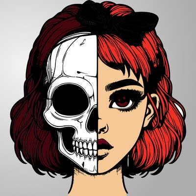 realistic girl with half skull mask