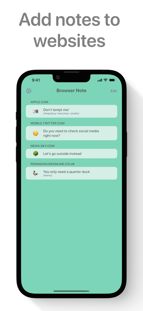 A list of custom reminders for websites like Apple and Twitter in the Browser Note app.