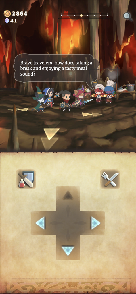 A dungeon exploration screen in Hero Emblems II showing chibi characters and the food system menu.